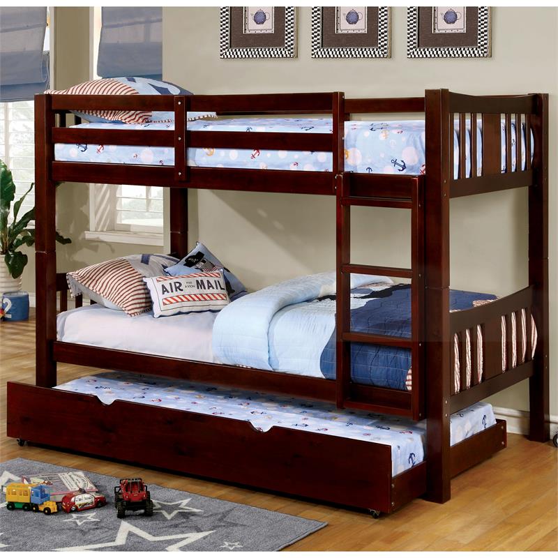 FOA Edith Transitional 2pc Dark Walnut Wood Twin over Twin Bunk Bed with Trundle