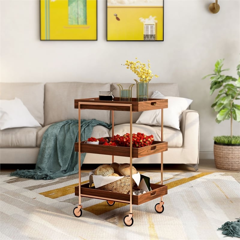 Furniture of America Kliman Industrial Wood 3-Tier Bar Cart in Walnut
