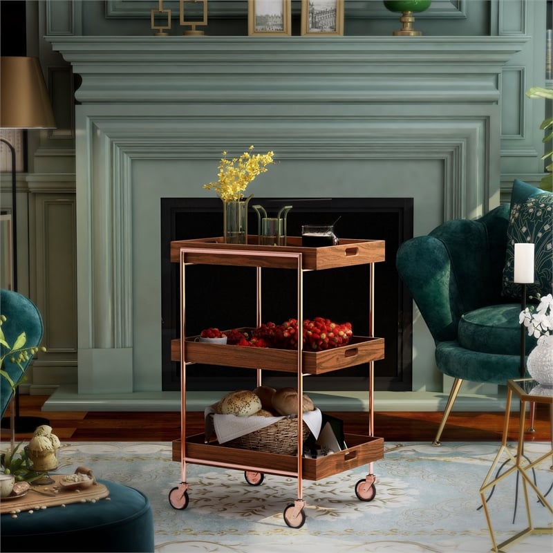 Furniture of America Kliman Industrial Wood 3-Tier Bar Cart in Walnut