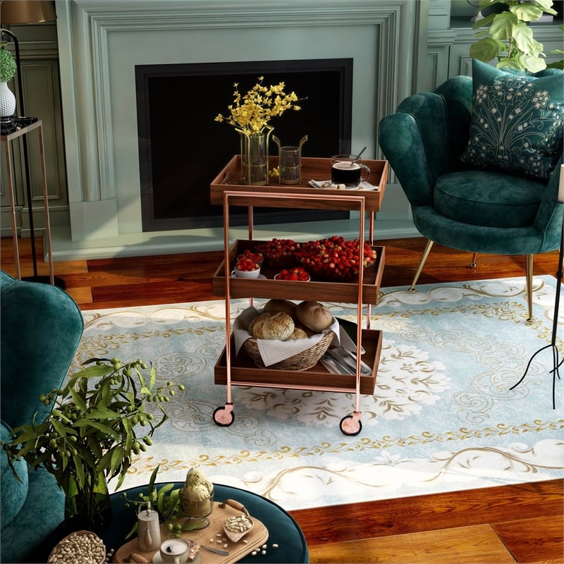 Furniture of America Kliman Industrial Wood 3-Tier Bar Cart in Walnut