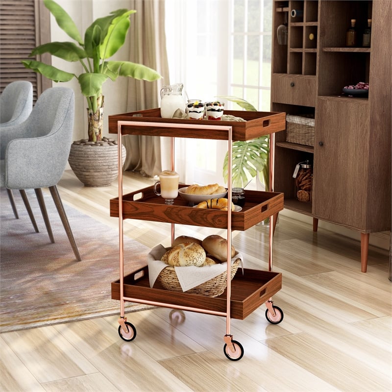Furniture of America Kliman Industrial Wood 3-Tier Bar Cart in Walnut