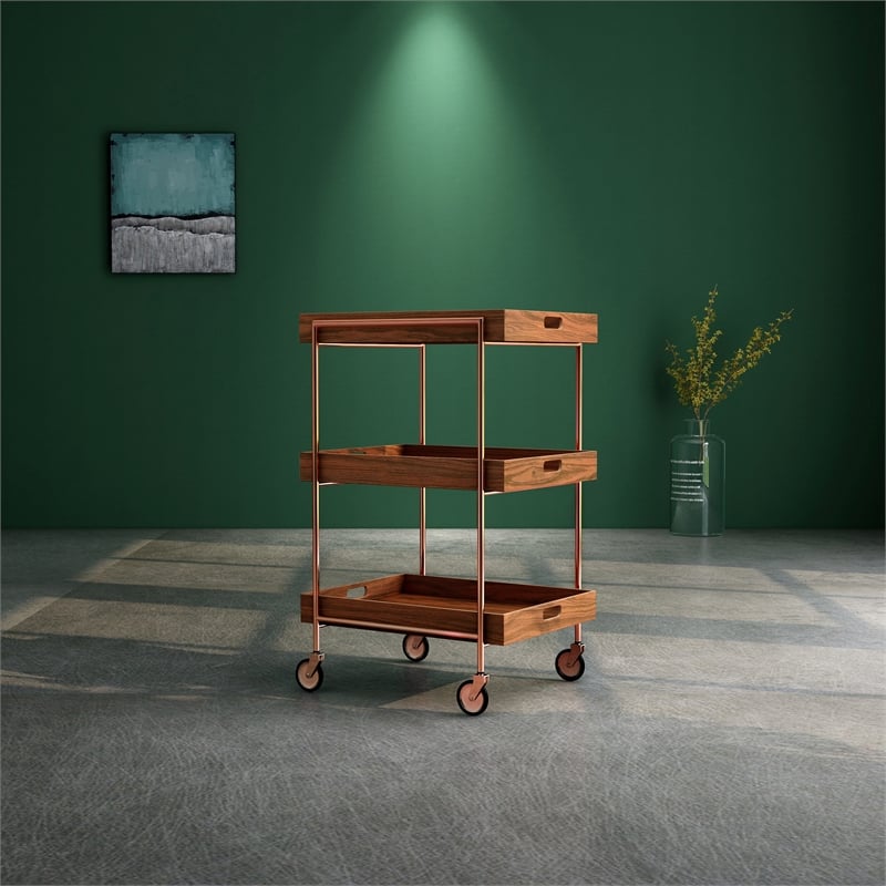 Furniture of America Kliman Industrial Wood 3-Tier Bar Cart in Walnut