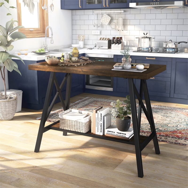 Furniture of America Deonne Wood Counter Height Table in Medium Oak and Black