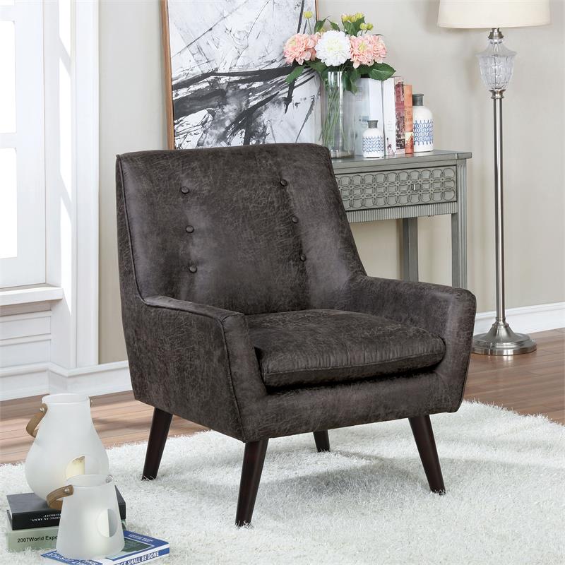Furniture of America Walsh Mid-Century Faux Leather Tufted Accent Chair in Gray