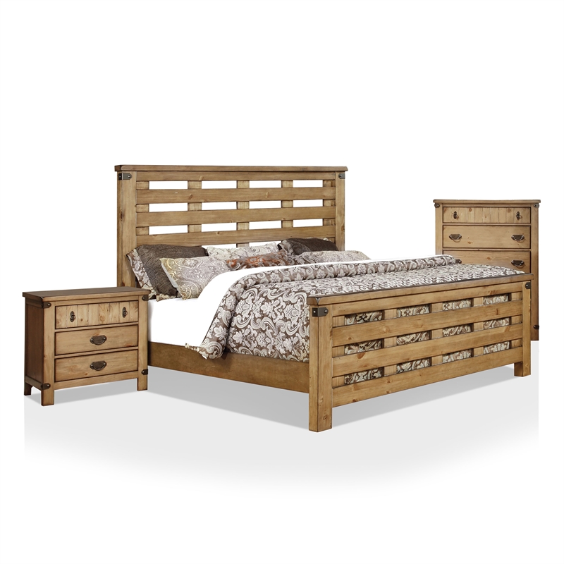 FOA Jule 3pc Weathered Brown Elm Wood Bedroom Set - Cal King+Nightstand+Chest