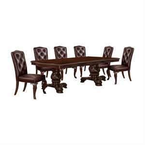Furniture of America Ramsaran Faux Leather 7-Piece Dining Set in Brown Cherry