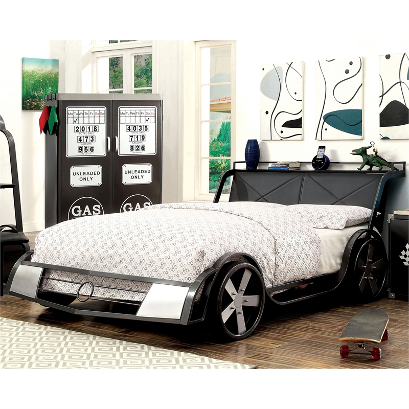 Furniture of America Sainz Metal Full Racecar Bed in Gun Metal and Silver
