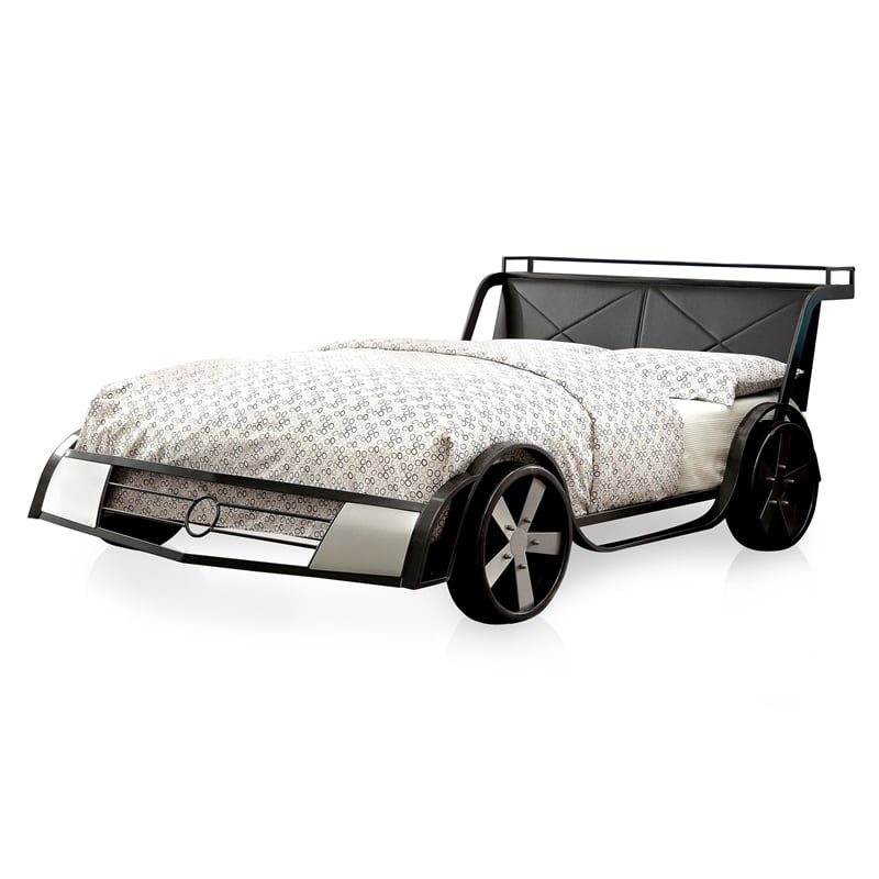 Furniture of America Sainz Metal Full Racecar Bed in Gun Metal and Silver