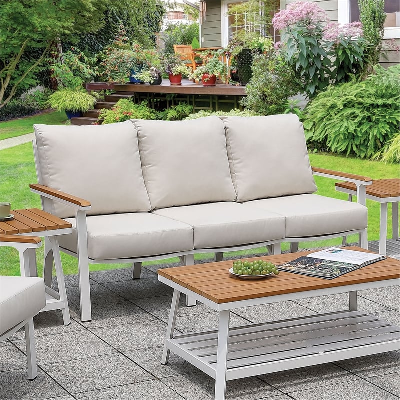 Furniture of America Sourcane Aluminum Padded Patio Sofa in White and Oak
