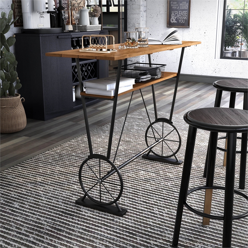 Furniture of America Cera Metal 1-Shelf Bar Table in Warm Oak