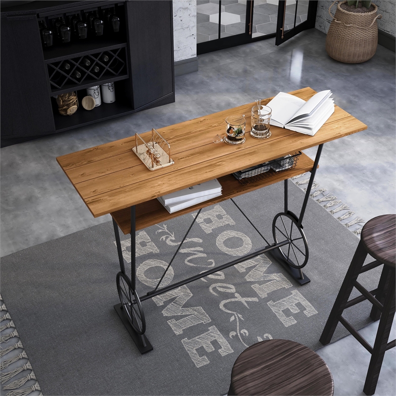 Furniture of America Cera Metal 1-Shelf Bar Table in Warm Oak