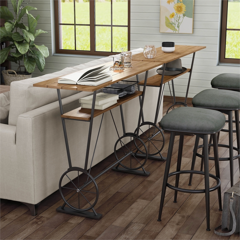 Furniture of America Cera Metal 1-Shelf Bar Table in Warm Oak