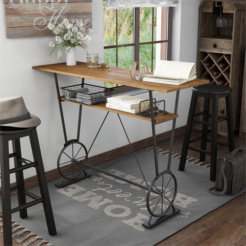 Furniture of America Cera Metal 1-Shelf Bar Table in Warm Oak