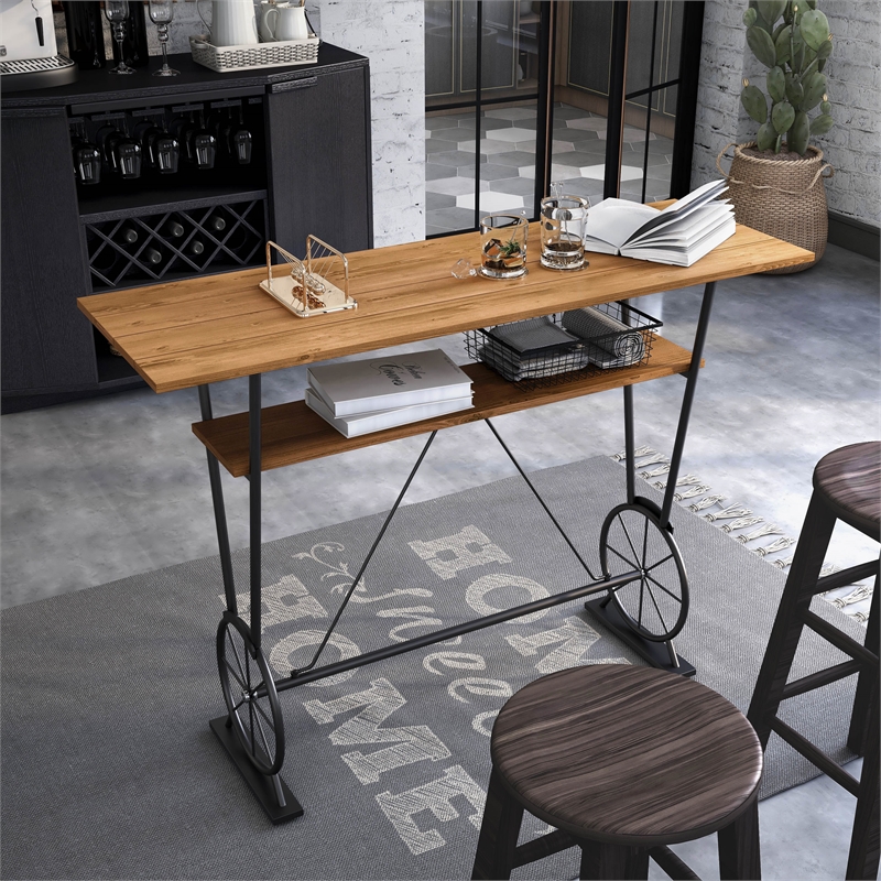 Furniture of America Cera Metal 1-Shelf Bar Table in Warm Oak