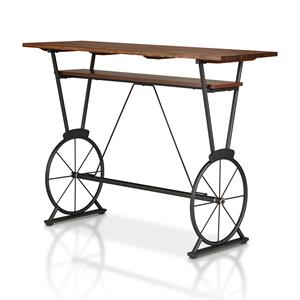 furniture of america cera metal 1-shelf bar table in toasted barnwood brown