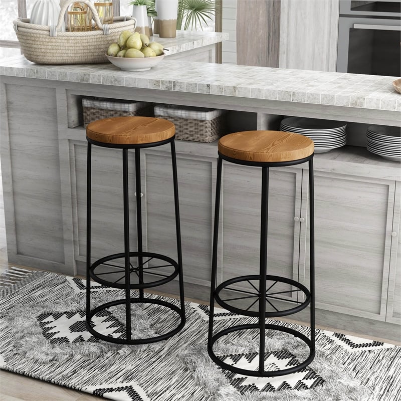 Furniture of America Cera Metal Bar Stool in Warm Oak (Set of 2)