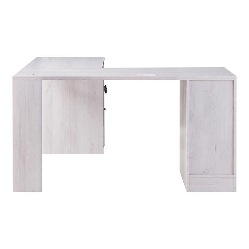 Furniture of America Helmer Wood L-Shaped Writing Desk with USB in White