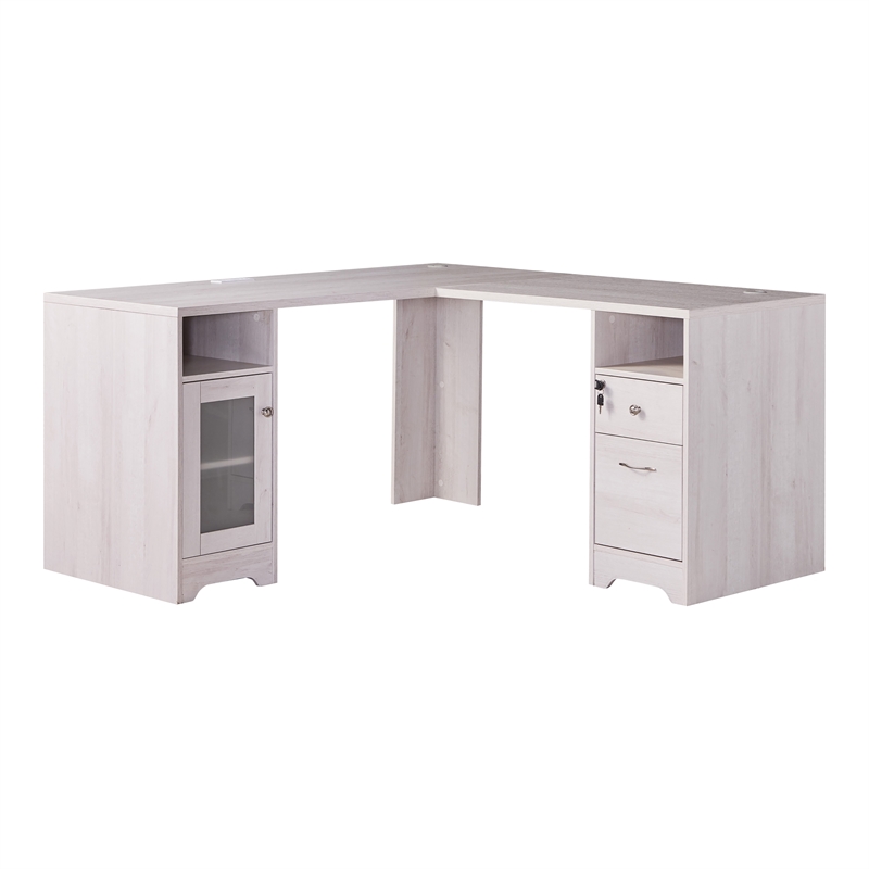 Furniture of America Helmer Wood L-Shaped Writing Desk with USB in White