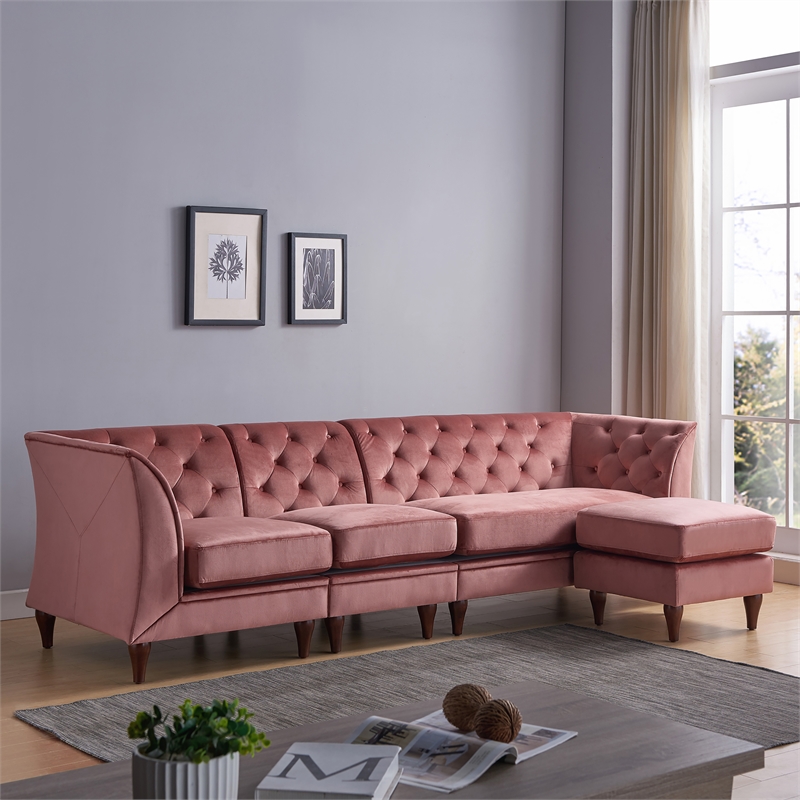 Furniture of America Trielle Velvet Modular Sectional with Ottoman in Pink