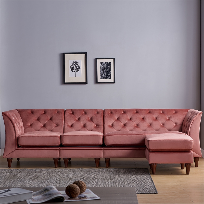 Furniture of America Trielle Velvet Modular Sectional with Ottoman in Pink