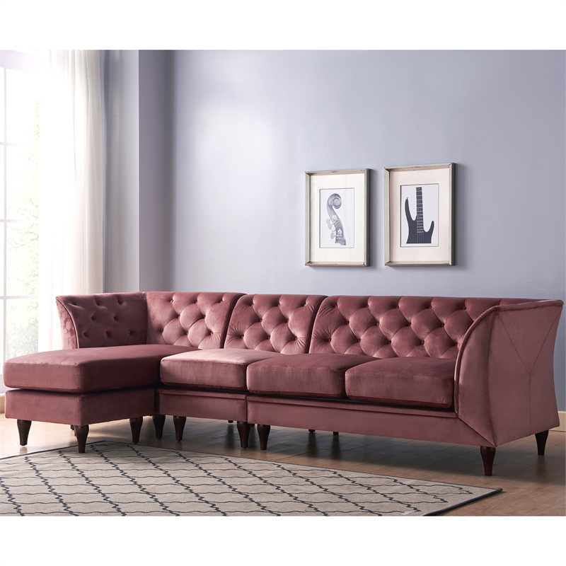 Furniture of America Trielle Velvet Modular Sectional with Ottoman in Pink