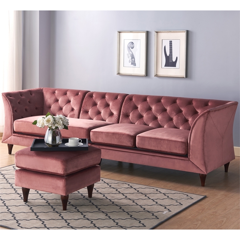 Furniture of America Trielle Velvet Modular Sectional with Ottoman in Pink