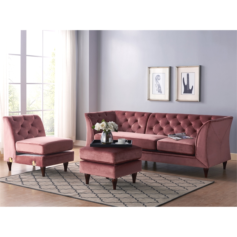 Furniture of America Trielle Velvet Modular Sectional with Ottoman in Pink