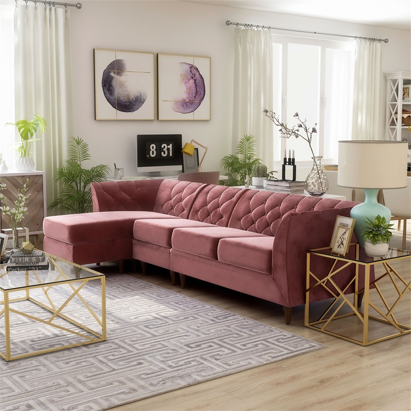 Furniture of America Trielle Velvet Modular Sectional with Ottoman in Pink