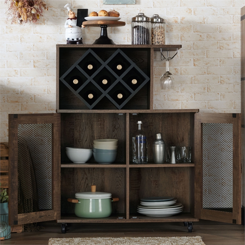 Furniture of America Codex Rustic Wood 4-Shelf Mini Bar in Reclaimed Oak