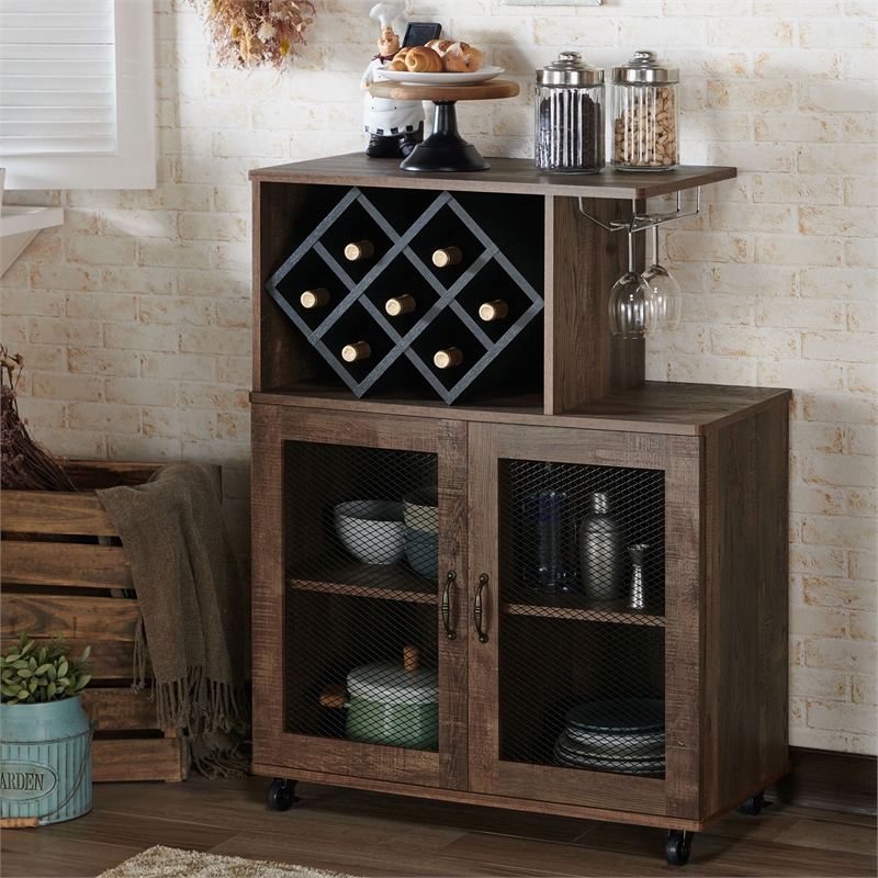 Furniture of America Codex Rustic Wood 4-Shelf Mini Bar in Reclaimed Oak