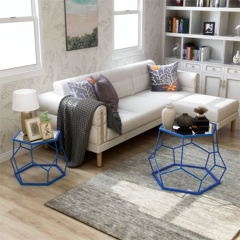 Furniture of America Boris Metal 2-Piece Nesting Accent Table Set in Blue