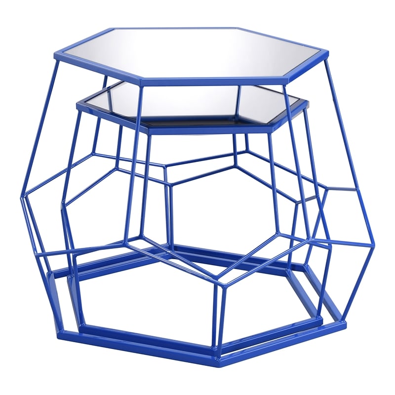 Furniture of America Boris Metal 2-Piece Nesting Accent Table Set in Blue