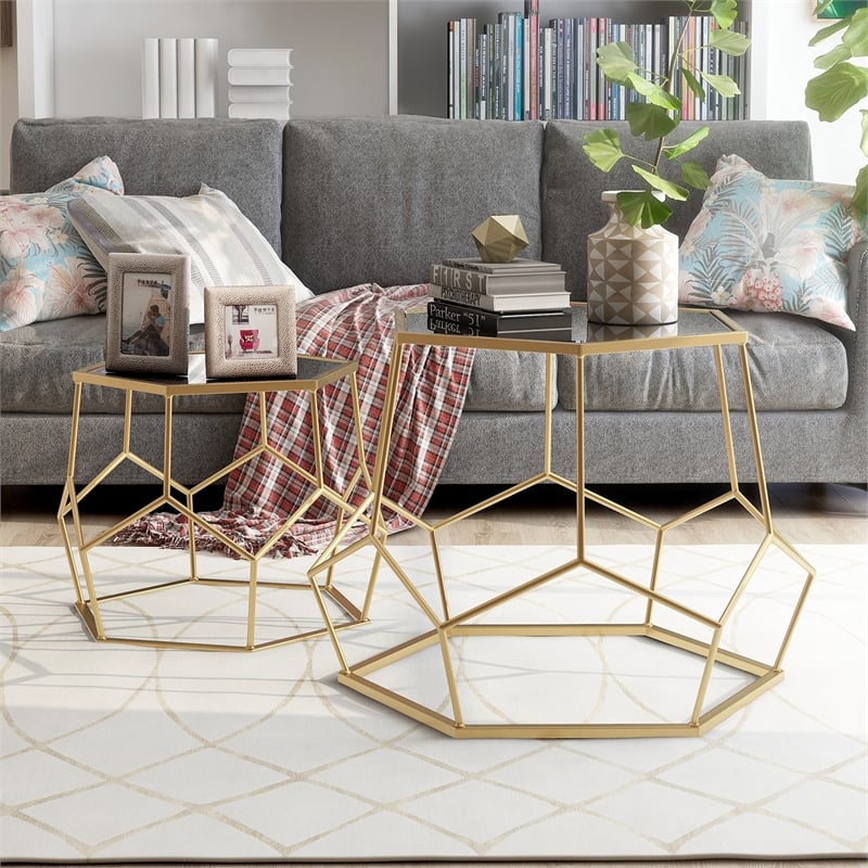 Furniture of America Boris Metal 2-Piece Nesting Accent Table Set in Gold
