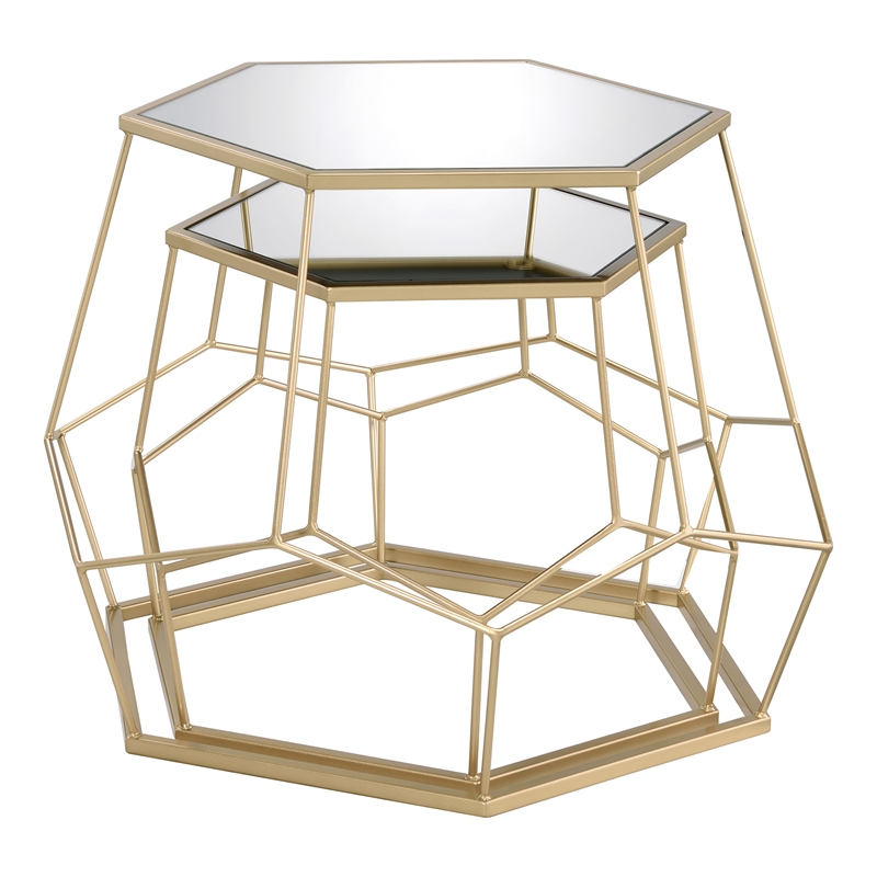 Furniture of America Boris Metal 2-Piece Nesting Accent Table Set in Gold