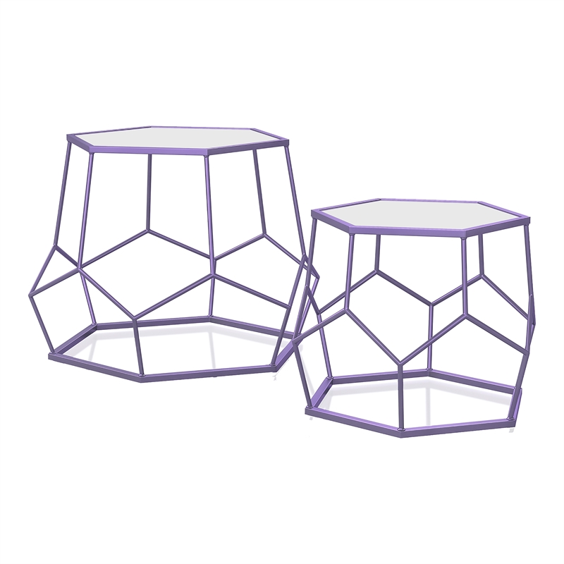 Furniture of America Boris Metal 2-Piece Nesting Accent Table Set in Purple