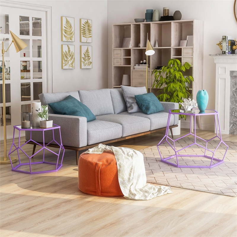 Furniture of America Boris Metal 2-Piece Nesting Accent Table Set in Purple