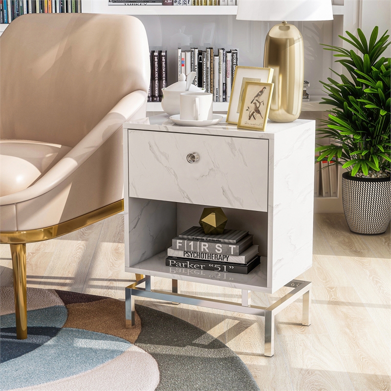 Furniture of America Lyn Contemporary Wood 1-Drawer End Table in White Marble