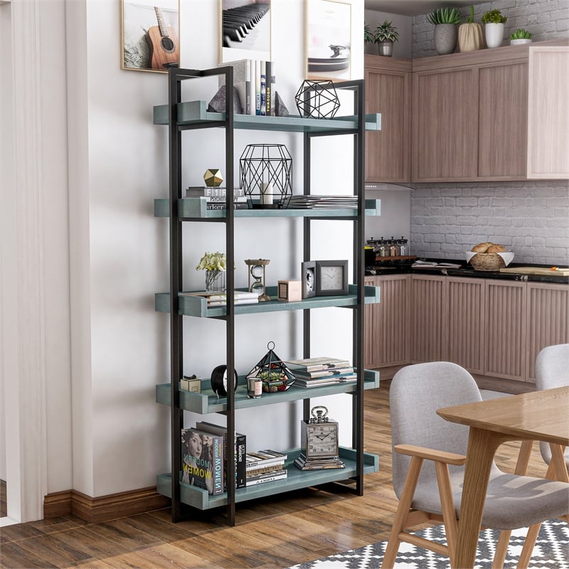 Furniture of America Lackomb Contemporary Wood 5-Tier Bookcase in Antique Blue