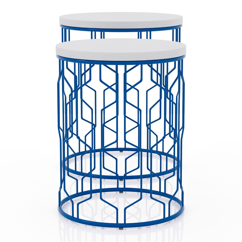 Furniture of America Vereira Metal 2-Piece Nesting Table in Blue and White