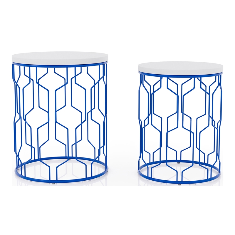 Furniture of America Vereira Metal 2-Piece Nesting Table in Blue and White