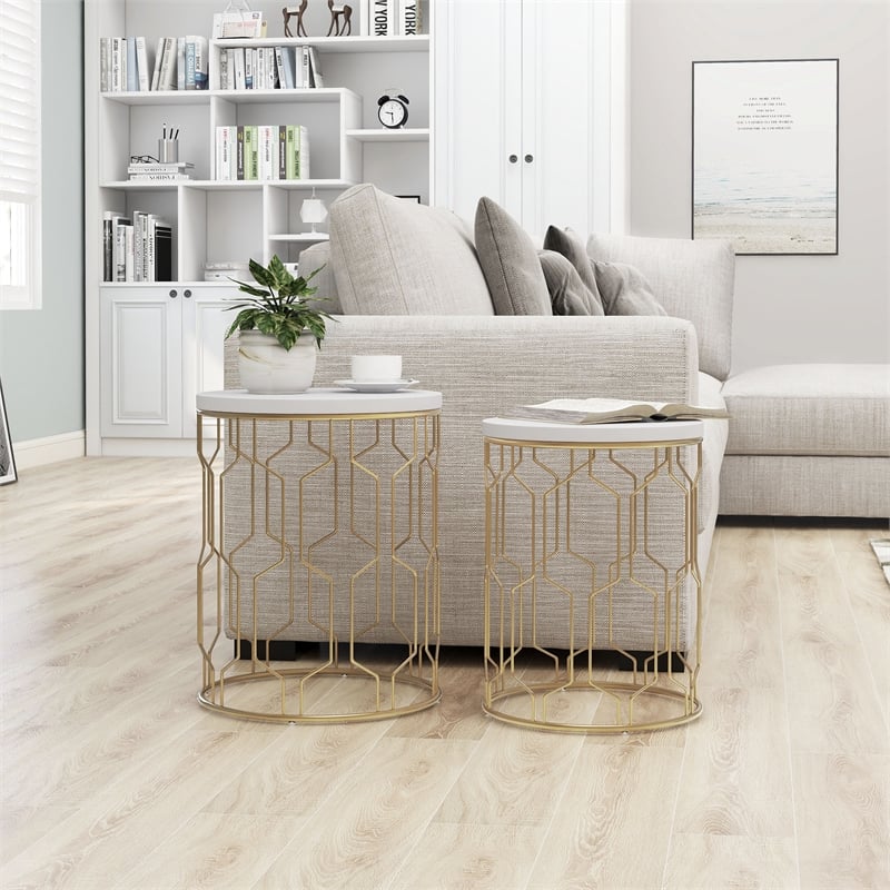Furniture of America Vereira Metal 2-Piece Nesting Table in Gold and White