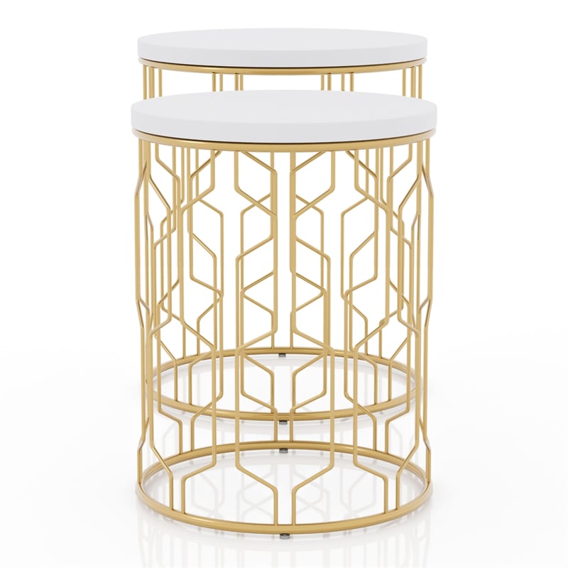Furniture of America Vereira Metal 2-Piece Nesting Table in Gold and White