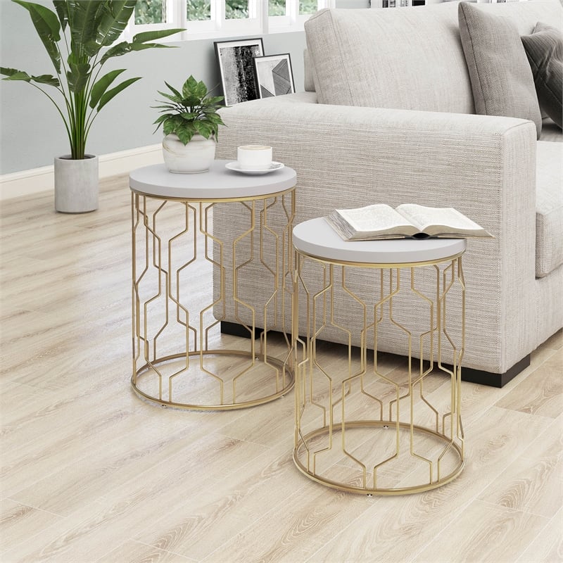Furniture of America Vereira Metal 2-Piece Nesting Table in Gold and White