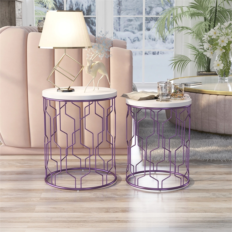 Furniture of America Vereira Metal 2-Piece Nesting Table in Purple and White