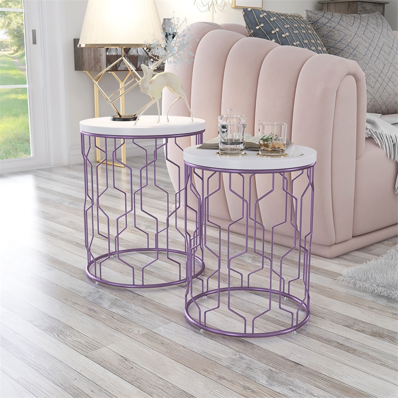 Furniture of America Vereira Metal 2-Piece Nesting Table in Purple and White