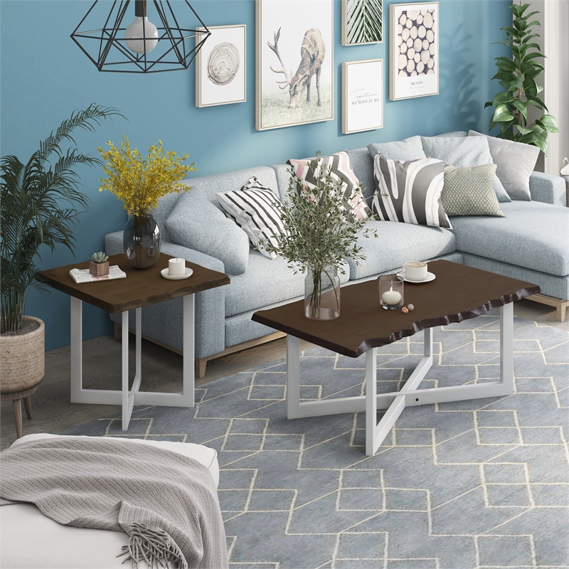 Furniture of America Baletto Wood 2-Piece Coffee Table Set in Oak and White