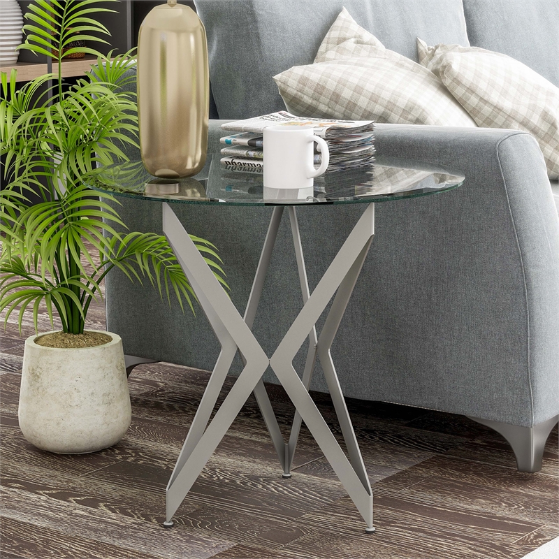 Furniture of America Staneri Contemporary Glass Top End Table in Champagne Gold