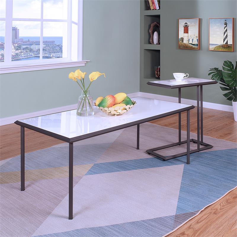 Furniture of America Onnah Contemporary Metal 2-Piece Coffee Table Set in White