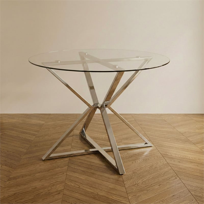 Furniture of America Leonisis Glass Top Round Dining Table in Chrome