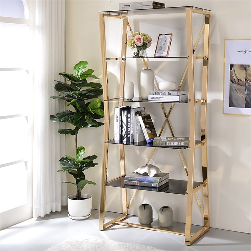 Furniture of America Abair Contemporary Glass Shelves Bookcase in Gold